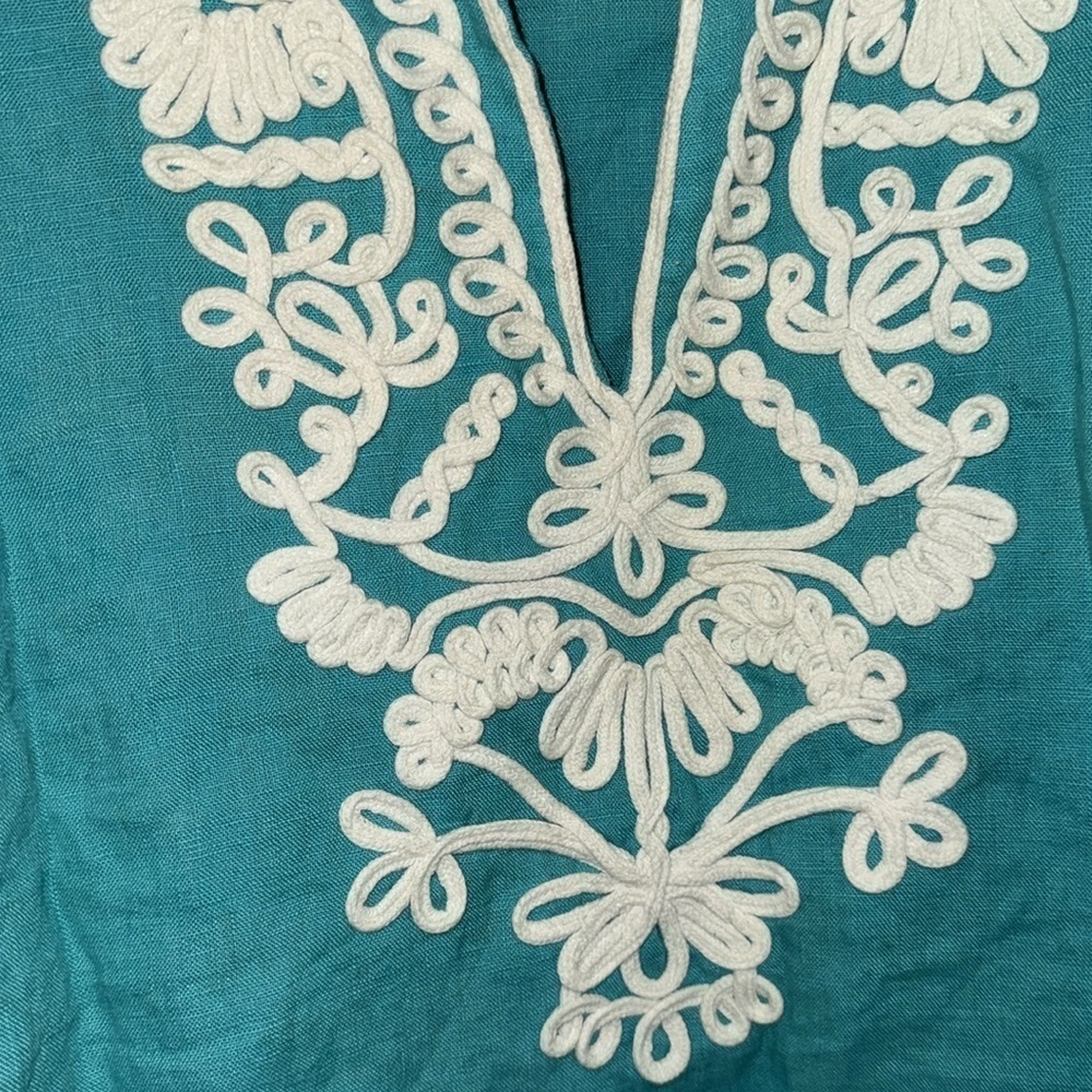 JM collection shirt Turquoise Embroidered Tunic  22W NEW 100% linen slit sides - Picture 3 of 5